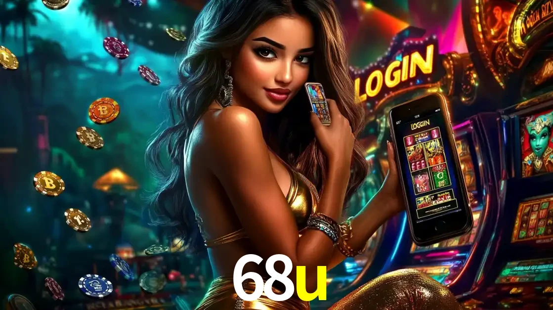 Mulher em um cenário de cassino temático de aventura, mostrando o app de caça-níqueis da 68u no celular. Fichas de apostas flutuam ao redor.