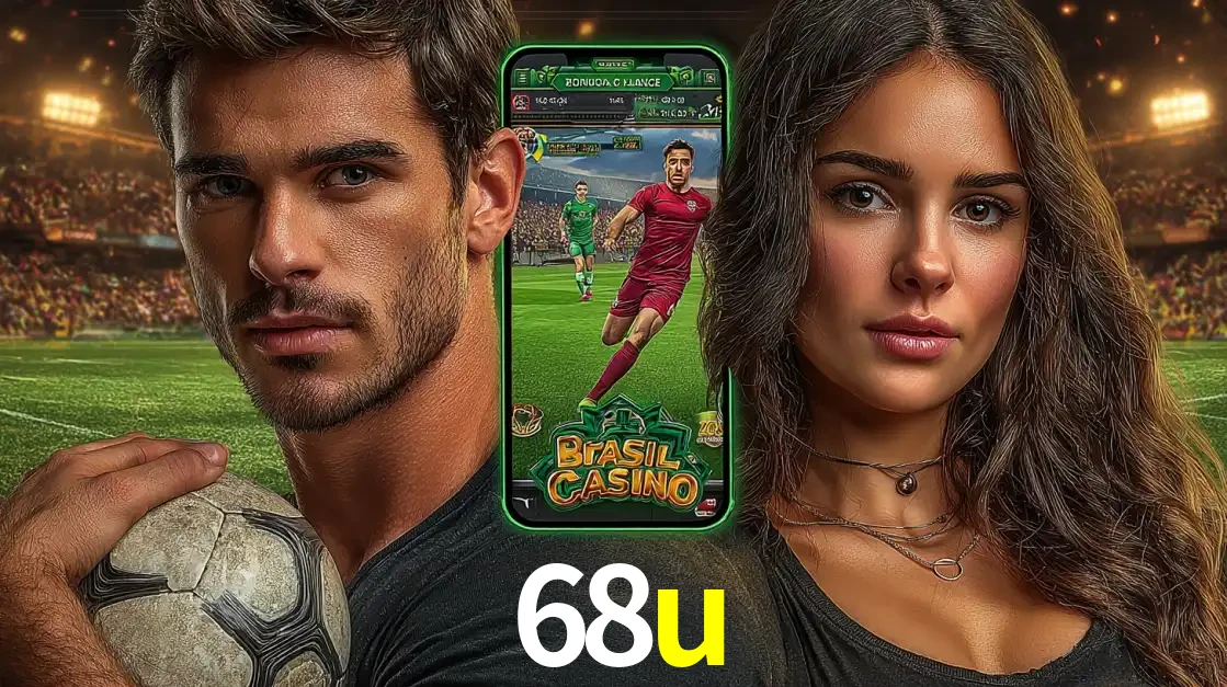 Homem segurando uma bola de futebol e uma mulher ao lado de um smartphone exibindo o jogo de apostas esportivas da 68u. Faça seu palpite no cassino online.